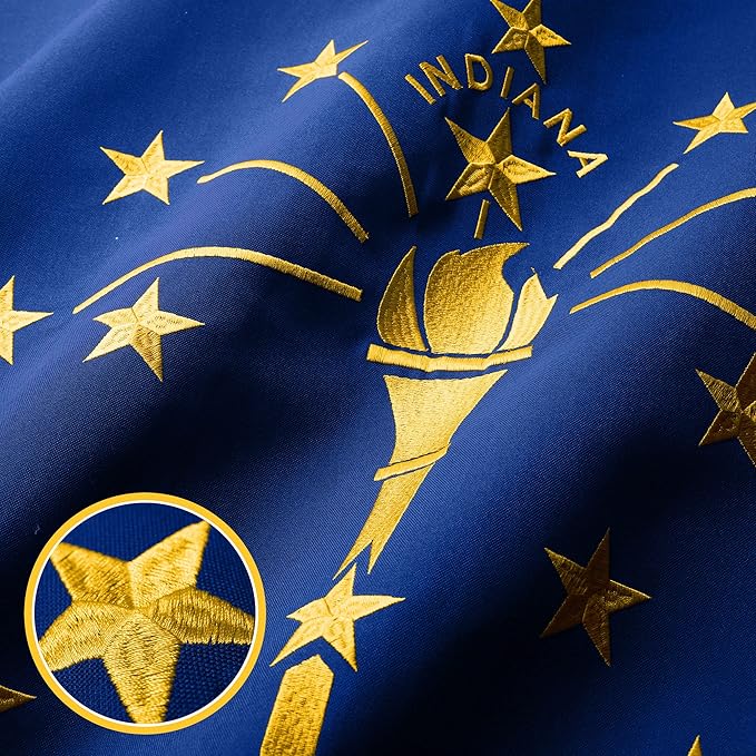 G128 Indiana State Flag | 6x10 Ft | StormFlyer Series Embroidered 220GSM Spun Polyester | Embroidered Design, Indoor/Outdoor, Brass Grommets, Heavy Duty, All Weather