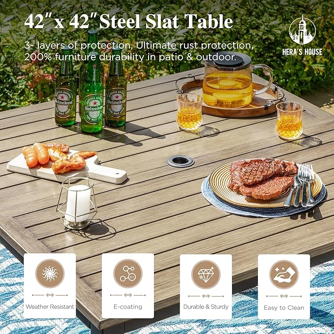 HERA'S HOUSE Metal Patio Table and Chairs Set for 4, Outdoor Dining Set 5 Pieces, 42" Square Faux Wood-Grain Table with Armrest Chairs for Garden Backyard with 1.57" Umbrella Hole