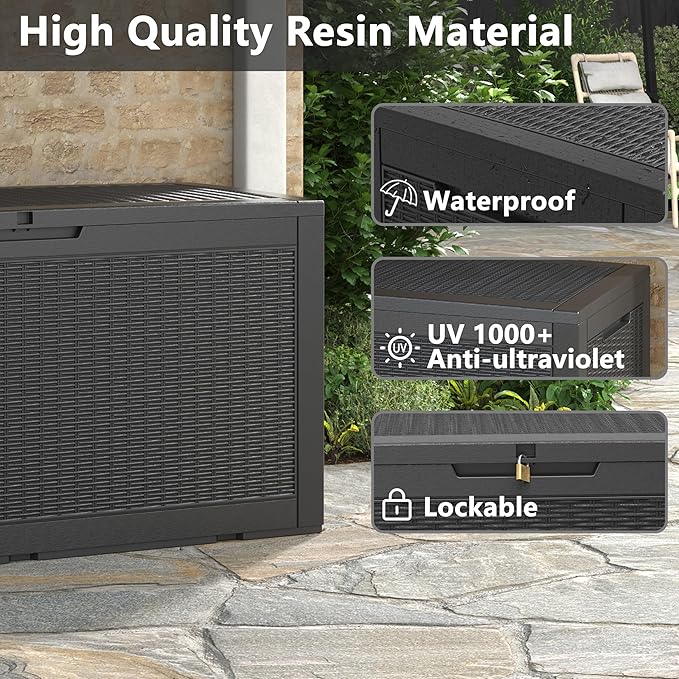 NUNU LAB 101 Gallon Resin Deck Box – Large Lockable Outdoor Storage Box with Gas Lift, Waterproof Patio Storage for Cushions, Garden Tools, Pool Supplies, and More, Black