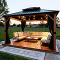 PURPLE LEAF 10' X 12' Hardtop Gazebo Outdoor Wood Grain Aluminum Frame Galvanized Steel Double Roof Gazebos with String Lights for Patio Deck Backyard Garden