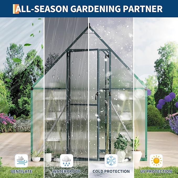 6'X4' Aluminum-Framed Polycarbonate Greenhouse, Heavy Duty Polycarbonate Greenhouse with Quick Setup Structure and Roof Vent, Large Enhanced Aluminum Greenhouses Kit for Outdoors