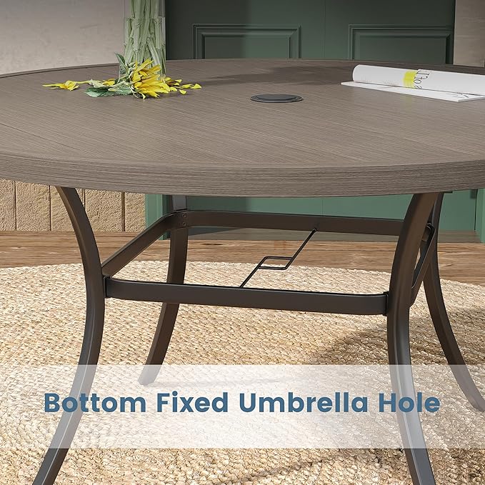 DIFY 50" Round Outdoor Patio Dining Table for 6, Metal Patio Table with 1.57" Adjustable Umbrella Hole, All-Weather Dining Furniture Table for Backyard Lawn Garden, Grey Wood-Like
