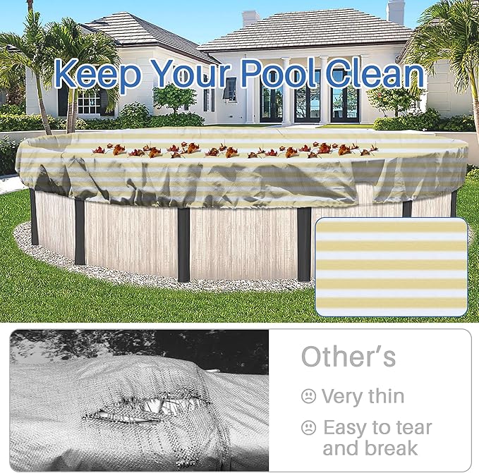 ECOOPTS 14 ft Round Pool Cover for Above Ground Pools, Swimming Pool Cover Protector Winter Safety Cover (Beige White Stripes)