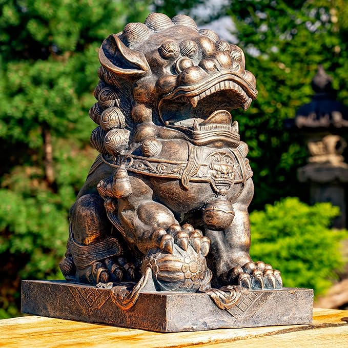 Zaer Ltd. Set of 2 Traditional Fu Dog Garden Statues, Chinese Guardian Lion Sculptures with Pedestals, Made with Magnesium-Cement (Aged Bronze)