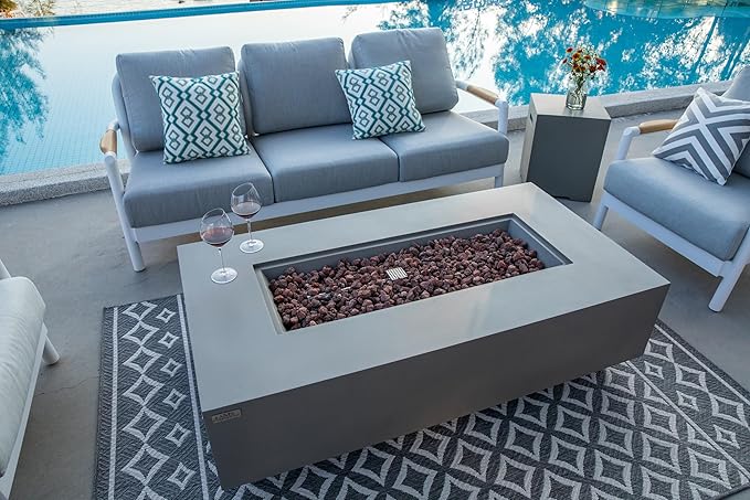 AMS Creations | Madison 60" Rectangular Propane Gas Outdoor Fire Pit Table | Light Gray Concrete GFRC | Smooth Texture or Surface | Electronic Ignition | Outside Backyard Fireplace