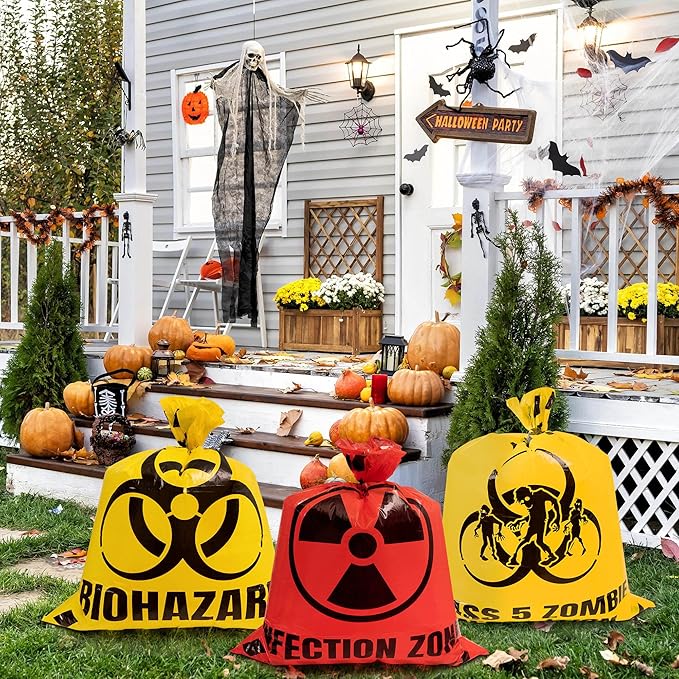 CNhoqc Halloween Lawn Trash Bags - 18Pcs Zombie Warning Reusable Waste Bags with Twist Ties, Fallen Leaf Grass Clipping Trash Container, Heavy-Duty Plastic for Biohazard Parties Outdoor Decorations