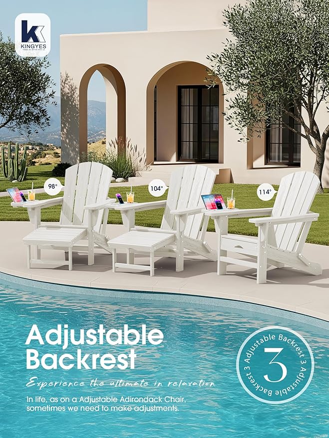 KINGYES Adjustable Folding Adirondack Chair with Footrest & 4-in-1 Multi-Functional Armrest Organizer Set of 4, HDPE Foldable Reclining Adirondack Chair with Pull-Out Ottoman, White