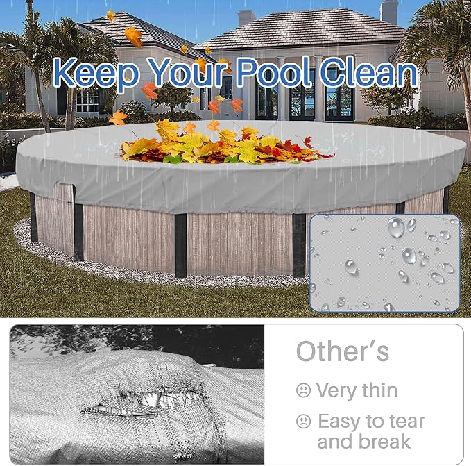 ECOOPTS 11 ft Waterproof Round Polyester Pool Cover for Above Ground Pools, Swimming Pool Cover Protector Winter Safety Cover (Light Grey)