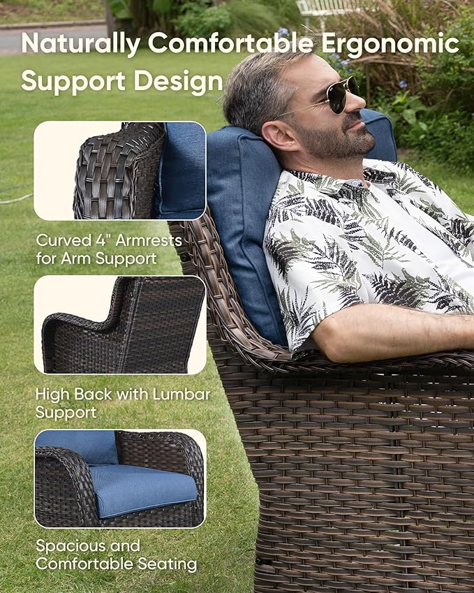 HUMMUH 6-Piece Patio Furniture Set with Fire Pit Table Wicker Outdoor Swivel Rocker Patio Chairs High Back Loveseat Conversation Set for Porch, Backyard, Deck