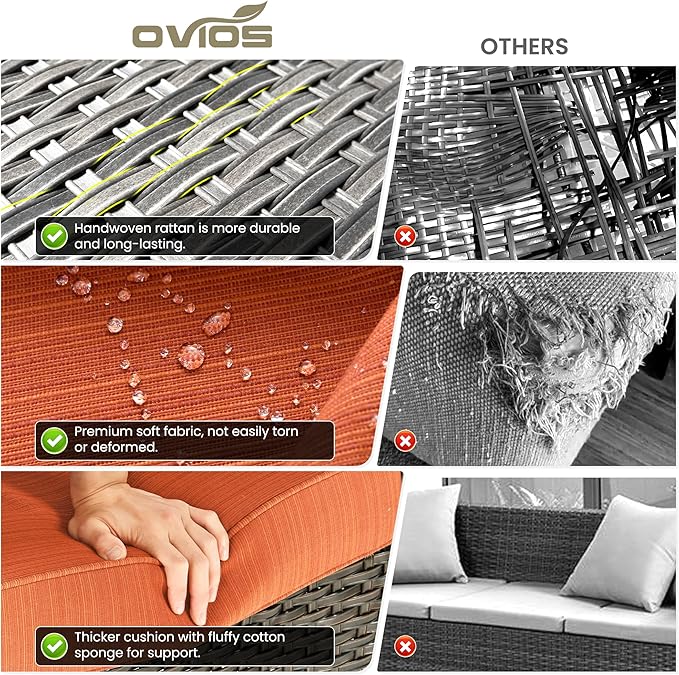 ovios 6 Pieces Patio Furniture Set, Outdoor Wicker Sofa Couch with Swivel Chairs Ottomans Comfy Cushions, High Back All Weather Modern Conversation Sets, Brown Rattan, Orange Red
