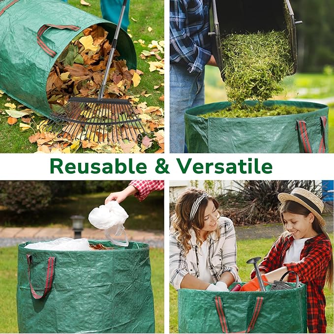 GreatBuddy 32 Gallon Reusable Yard Waste Bag, Heavy Duty, Upright Lawn Bags with 4 Reinforced Handles for Garden Leaves and Waste Collection, Lightweight and Portable (3 Pack)