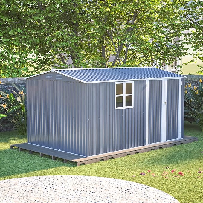 8x12FT Outdoor Storage Shed,XL Heavy-Duty Metal Shed W/Window & Floor Frame,Garden Tool House W/ 4 Air Vents,Dual Sliding Hinged Door & Sloped Roof,for Backyard,Patio,Lawn,Grey