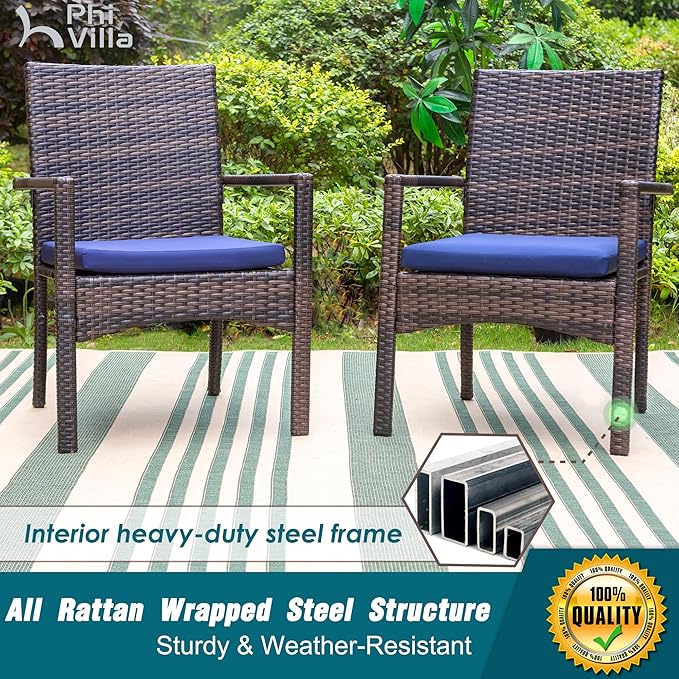 PHI VILLA 5 Piece Outdoor Dining Set with Umbrella for 4, 37" Square Metal Wood-top Dining Table & Wicker Rattan Chairs with Cushions & 10ft Beige Umbrella for Patio, Deck, Backyard, Porch