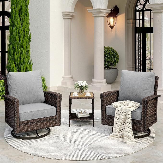 Patio Wicker Swivel Chairs Set of 2, Outdoor High Back Chairs with 5.5" Waterproof Cushions and Side Table, Outdoor Furniture Set for Deck Porch and Yard, Peacock Blue