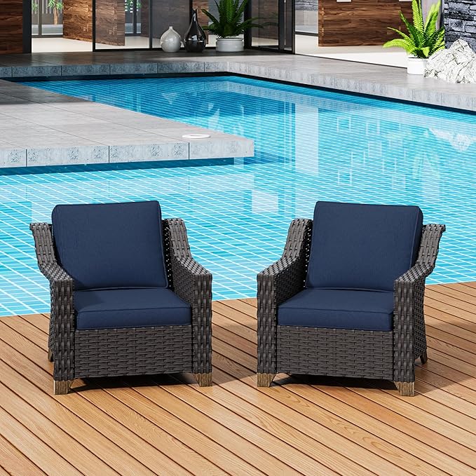 Patio 2 Pieces Chairs Set of 2 with Removable and Washable Covers，Outdoor PE Rattan Wicker Armchairs with Water-Resistant Cushions for Porch, Balcony, Sunroom (Navy Blue)