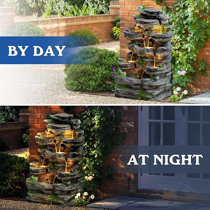 TITIMO 7-Tier Cascading Rock Water Fountain Outdoor Garden Waterfall with Lights,Fountain Indoor Decor for Garden, Patio, Backyard, Deck, Porch and Home Art Decor (24" H)