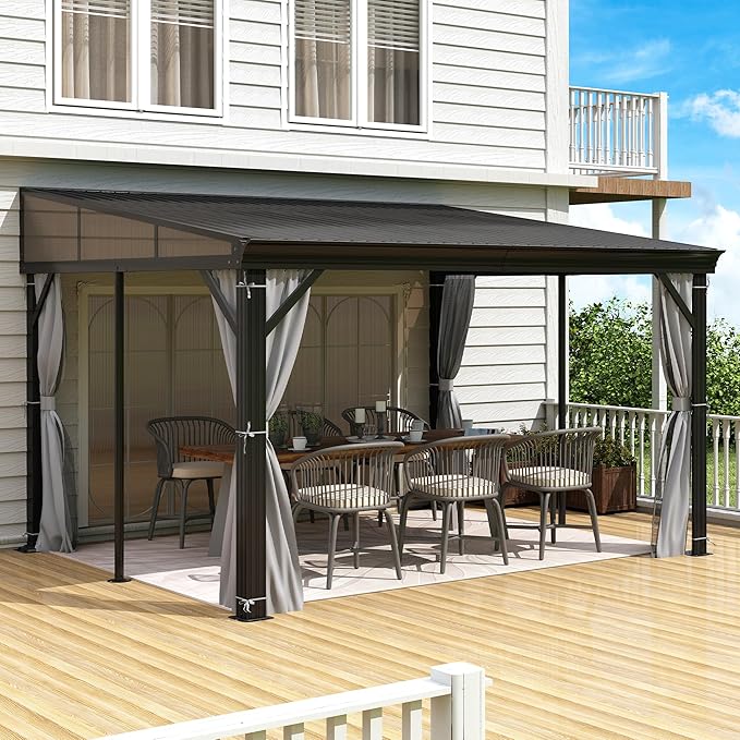 10' x 12' Hardtop Wall Mounted Gazebo, Lean to Gazebo with Galvanized Steel Roof Aluminum Frame Wall Gazebos Pergola with Netting&Curtains for Outdoor, Backyard, Patio