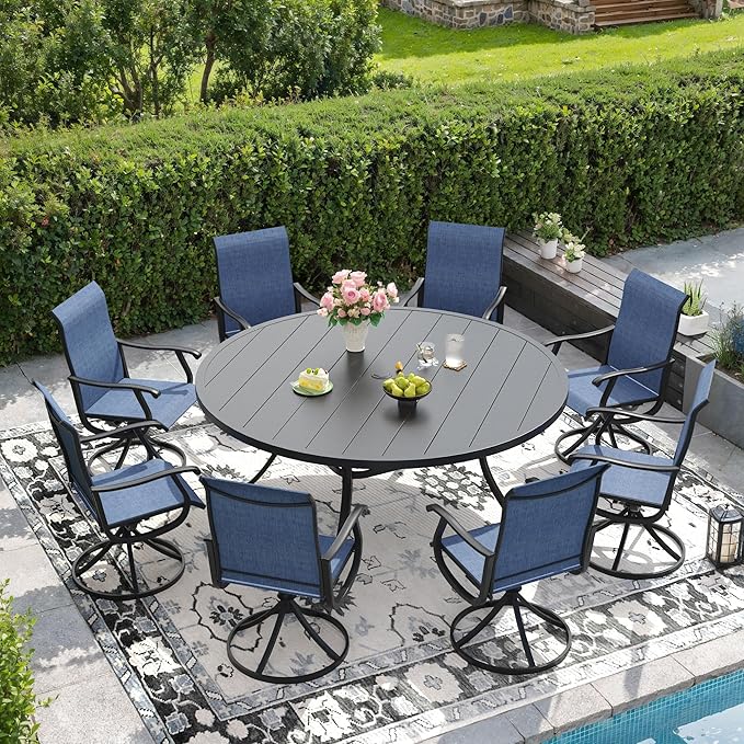 DIFY 9 Pieces Outdoor Patio Dining Set, 8 Blue Textilene Swivel Dining Chairs and 60" Black Round Metal Dining Table, Outdoor Table and Chairs