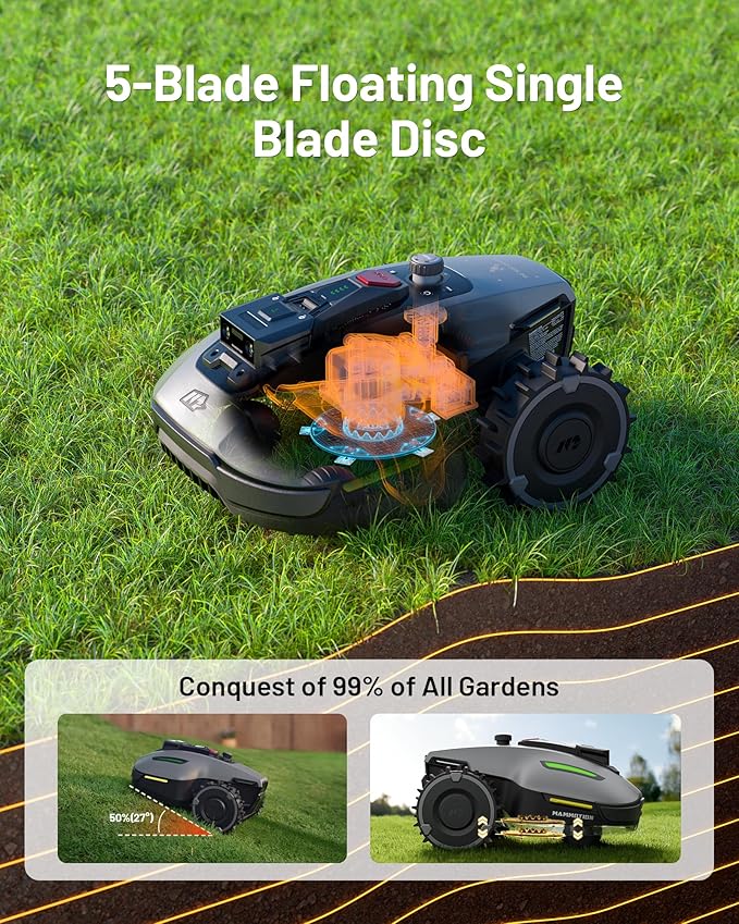Mammotion YUKA Mini 500H Robotic Lawn Mower Reception 0.12 Acre,Max. 0.25 Acre, Ultrasense AI Vision+ RTK Positioning, Auto Mapping, App Control, 50% Slope, Cutting Height 2''~3.5'', 15 Mowing Zones