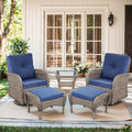 Outdoor Swivel Glider Rocker Chairs Set- 5 Piece Patio Furniture Set, Patio Bistro Sets with Tempered Glass Side Table and 2 Ottoman, for Balcony, Porch - Grey Wicker Blue Cushion