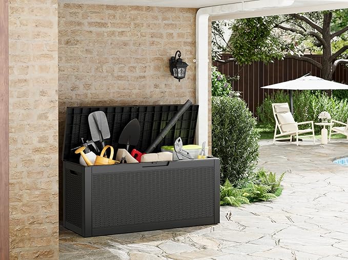 59 Gallon Outdoor Storage Deck Box Waterproof,Large Resin Storage Container for Outside,Patio Accessories for Outsid,Backyard Delivery Boxes,Lockable Lid,Rattan Black