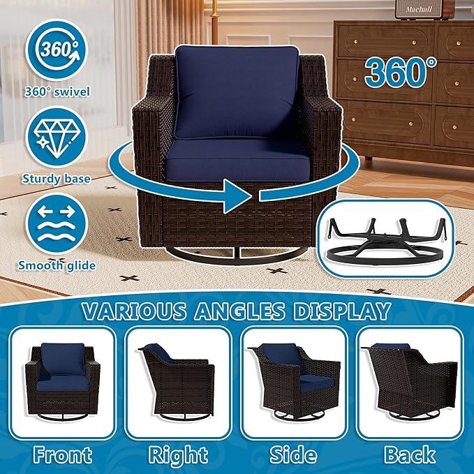 Vista Vibe Outdoor Patio Deep Seat Luxurious Chair - 360 Degree Swivel Glider Rocker Chair with Washable Cushions, Hand-Woven & All-Weather PE Rattan, Balcony, Yard (Brown/Navy)