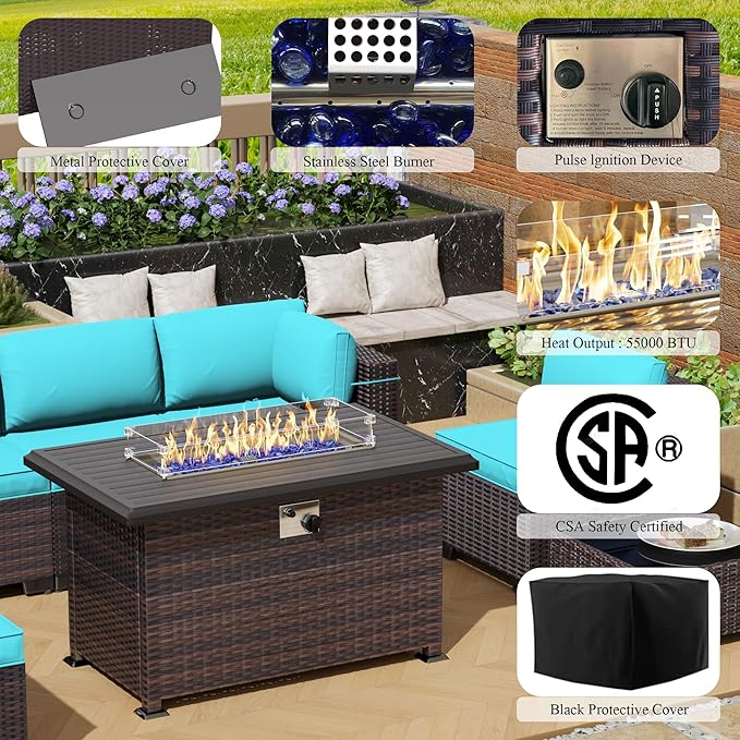13 Pieces Outdoor Patio Furniture Set with Propane Fire Pit Table Outdoor Furniture Patio Sectional Sofa Conversation Sets w/ETL Approved 43" Gas Outdoor Fire Table & Coffee Table (Blue)