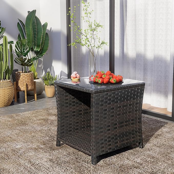 Outdoor Rattan Side Table, Modern Patio End Side Table with Glass Top and Storage Shelf, Wicker Side Table for Yard, Balcony, or Livingroom