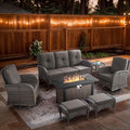 7 Piece Patio Furniture Set with Fire Pit Table - Wicker Patio Conversation Set with Swivel Glider, 3 Seat Sofa, Side Table and 2 Ottomans for Deck Backyard - Brown Wicker Grey Cushion