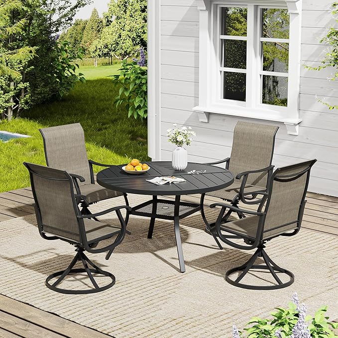 VICLLAX 5 Pieces Outdoor Dining Set, Patio Furniture Set of 4 Patio Swivel Dining Chairs and 40.6" Patio Spliced Round Tabletop with Storage Shelf, Mixed Brown Chairs & Black Tabletop