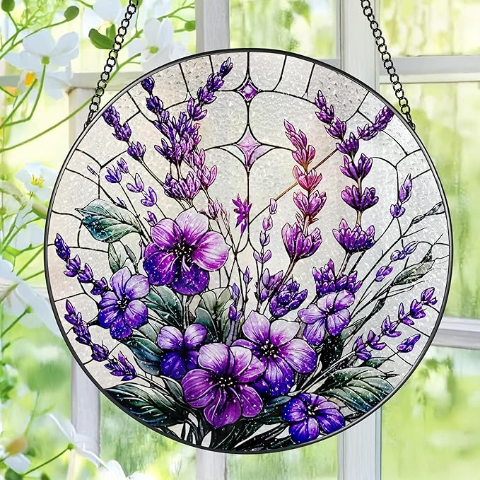 Bauhinia&Violets Flower Stained Glass Suncatcher, Stained Glass Window Hanging, 8 Inch Window Hanging Decor, Christmas, Mother's Day, Birthday Gifts for Mom, Grandma, Women, Wife, Lovers