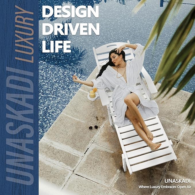 Patio Chaise Lounge Chair, HDPE Outdoor Lounge Chairs with 5-Position Adjustable Backrest, Cup Holder and Wheels, 450lbs Capacity for Poolside Deck Backyard, All Weather Material(White)