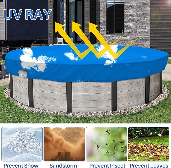 ECOOPTS 16 ft Waterproof Round Polyester Pool Cover for Above Ground Pools, Swimming Pool Cover Protector Winter Safety Cover (Blue Sky)