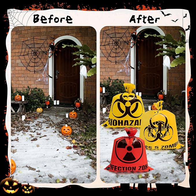 CNhoqc Halloween Lawn Trash Bags - 24Pcs Zombie Warning Reusable Waste Bags with Twist Ties, Fallen Leaf Grass Clipping Trash Container, Heavy-Duty Plastic for Biohazard Parties Outdoor Decorations