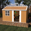 12x8 FT Outdoor Steel Storage Shed with Clear Windows, Sliding Lockable Door & Ventilation, Brown and White Weather-Resistant Metal Tool Shed for Garden, Backyard, Lawn, and Utility Storage