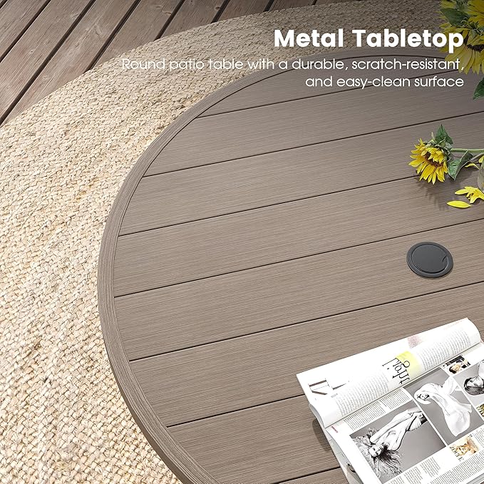 DIFY 5 Pieces Outdoor Patio Dining Set, 4 Sandshell Textilene Swivel Dining Chairs and 40.6" Grey Wood-Like Round Dining Table, Metal Outdoor Table and Chairs