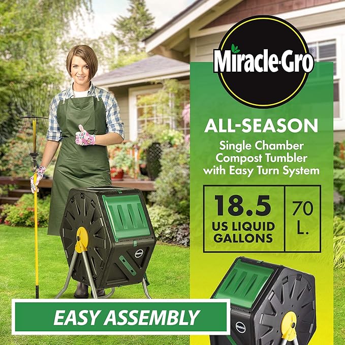 Miracle-Gro Compost Tumbler Single Chamber – Easy-Turn Composter Tumbler Outdoor for Fast Composting – Heavy-Duty Composting Bin with 1 Sliding Door (18.5 Gallon / 70 Liter)