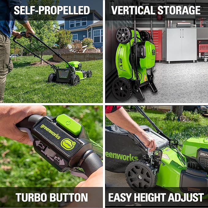 Greenworks 48V (2x24V) Lawn Mower Combo Kit with 21" Steel Deck, 12" String Trimmer, 320 CFM Blower, and Brushless 1/2" Drill Driver Ideal for Yard & Indoor