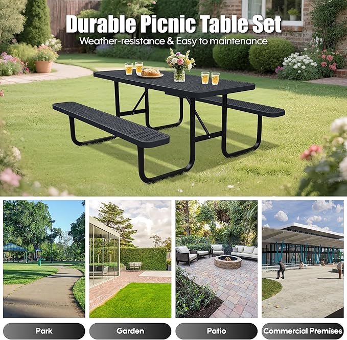 6FT Outdoor Picnic Tables,Heavy-Duty Metal Rectangular Picnic Table,Expanded Metal Commercial-Grade Table with 2 Benches & Umbrella Hole,Waterproof Coating Beach Table for Patio,Garden, Backyard