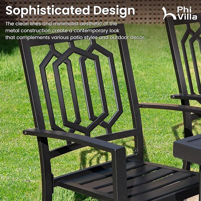 PHI VILLA 5-Piece Metal Patio Outdoor Table and Chairs Outdoor Dining Set - 37" Square Patio Table w/1.57" Umbrella Hole and 4 Backyard Garden Stackable Dining Chairs, Black