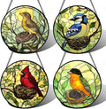 Stained Glass Window Hanging 4 Pcs Set Bird Theme On Branch Large 11.8" - Cardinal Suncatcher Door Garden Sun Catcher Decor Birthday Christmas for Mom Woman Nana Men
