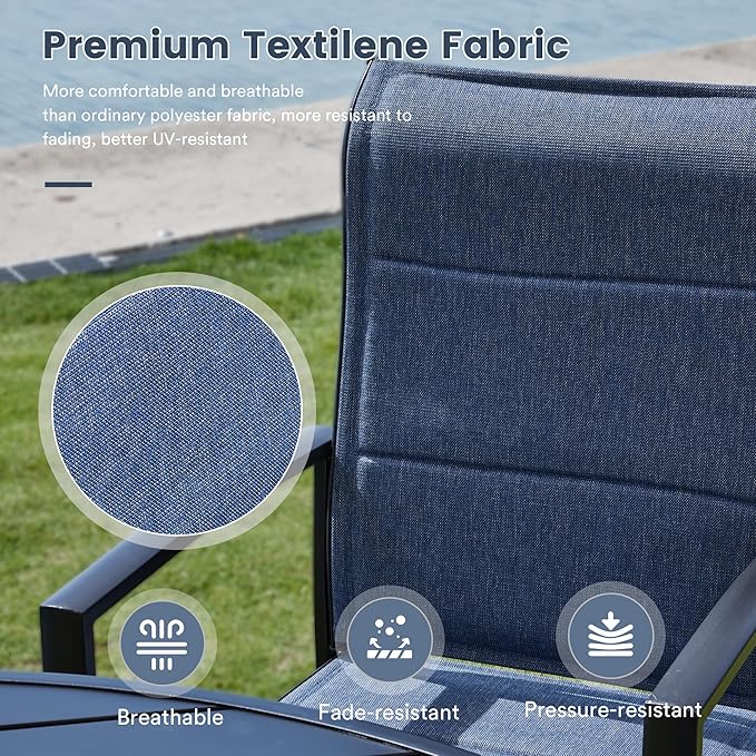 VICLLAX 5 Pieces Patio Dining Set - 41.2" Round Outdoor Table and Swivel Padded Chairs, Black Tabletop and Blue Fabric