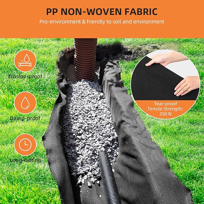 Towallmark Geotextile Landscape, 4ft x 100ft & 6oz Geotextile Fabric, PP Drainage 350N Tensile Strength & 440N Load Capacity, for Driveway & Road Stabilizationr, Erosion Control, French Drains