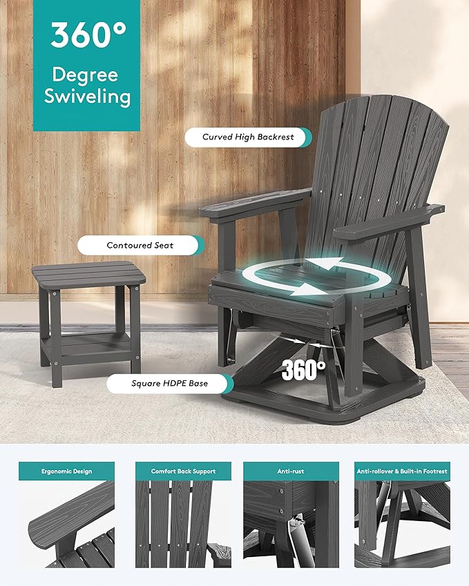 SERWALL Adirondack Swivel Glider Chair, HDPE Swivel Glider Set of 4 for Outdoor, All-Weather Glider Chair for Porch, Balcony, Slate Grey