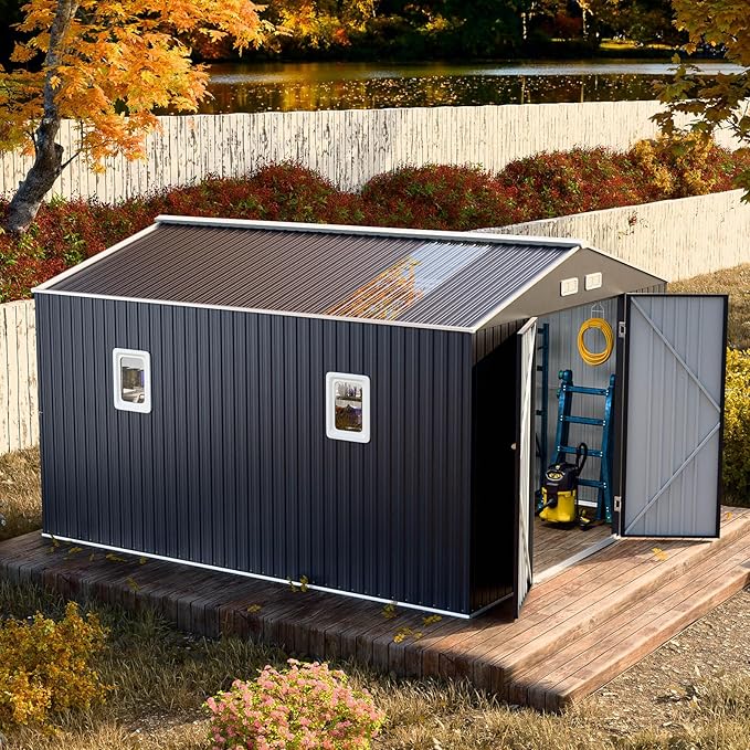 10x12 FT Metal Outdoor Storaged Shed with Floor Base Waterproof Reinforced Frame with Unique Clear Roof Skyview Windows Air Vents Door for Garden Patio Backyard Large Tools Storage Lawnmower,Dark Grey