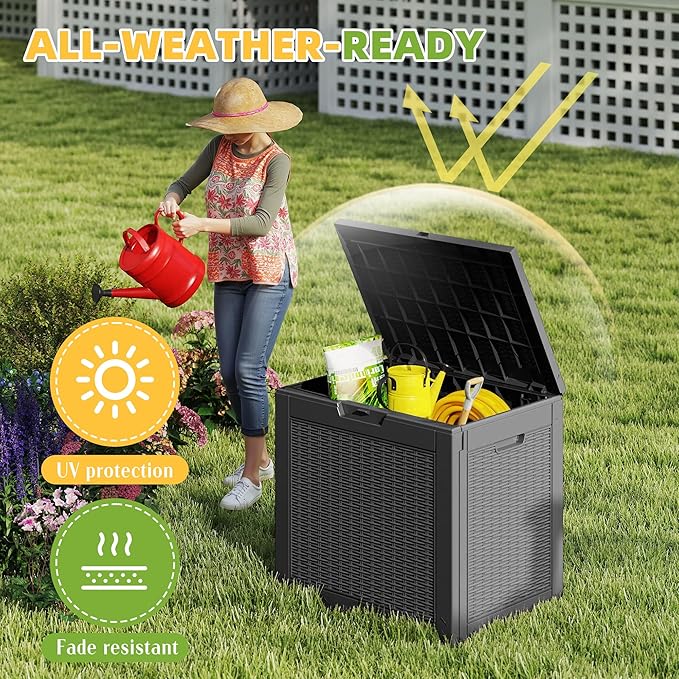 30 Gallon Waterproof Resin Deck Box, UV Resistant Outdoor Storage for Garden, Patio, Porch, Delivery, Rattan Black