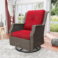 Swivel Patio Chair Outdoors - 360 Degree, Glider Chair with 3.5" Olefin Fabric Cushions (Mixed Grey Rattan/Red)