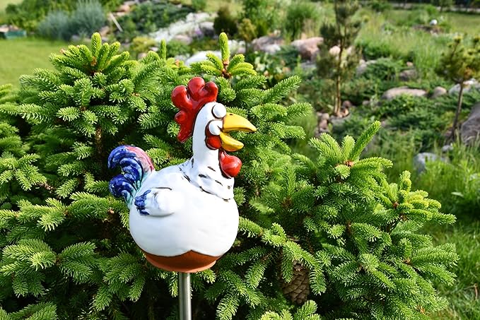 Ceramic Garden Decor - Rooster Lawn stake - Outdoor statue - Perfect, unique gifts for gardeners woman, men, yard gifts - Handmade, Frostproof