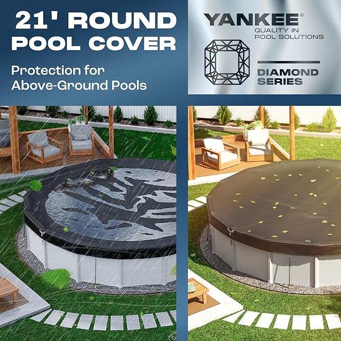 Yankee Diamond Series Pool Covers for Above Ground Pools | All-Weather Windproof Light 21ft Round Pool Cover w/ 12 Screw-In Pegs, 12 Ropes | 3 Mounting Methods, Strong Fastenings for Triple Protection