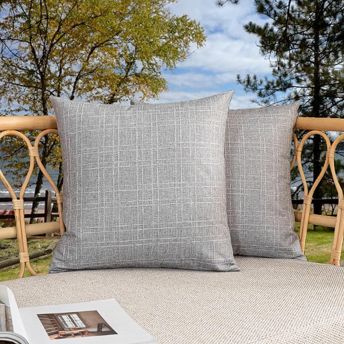Kevin Textile Pack of 2 Decorative Outdoor Waterproof Pillow Covers Garden Checkered Cushion Sham Throw Pillowcase Shell for Patio Tent Couch 20x20 Inch Grey